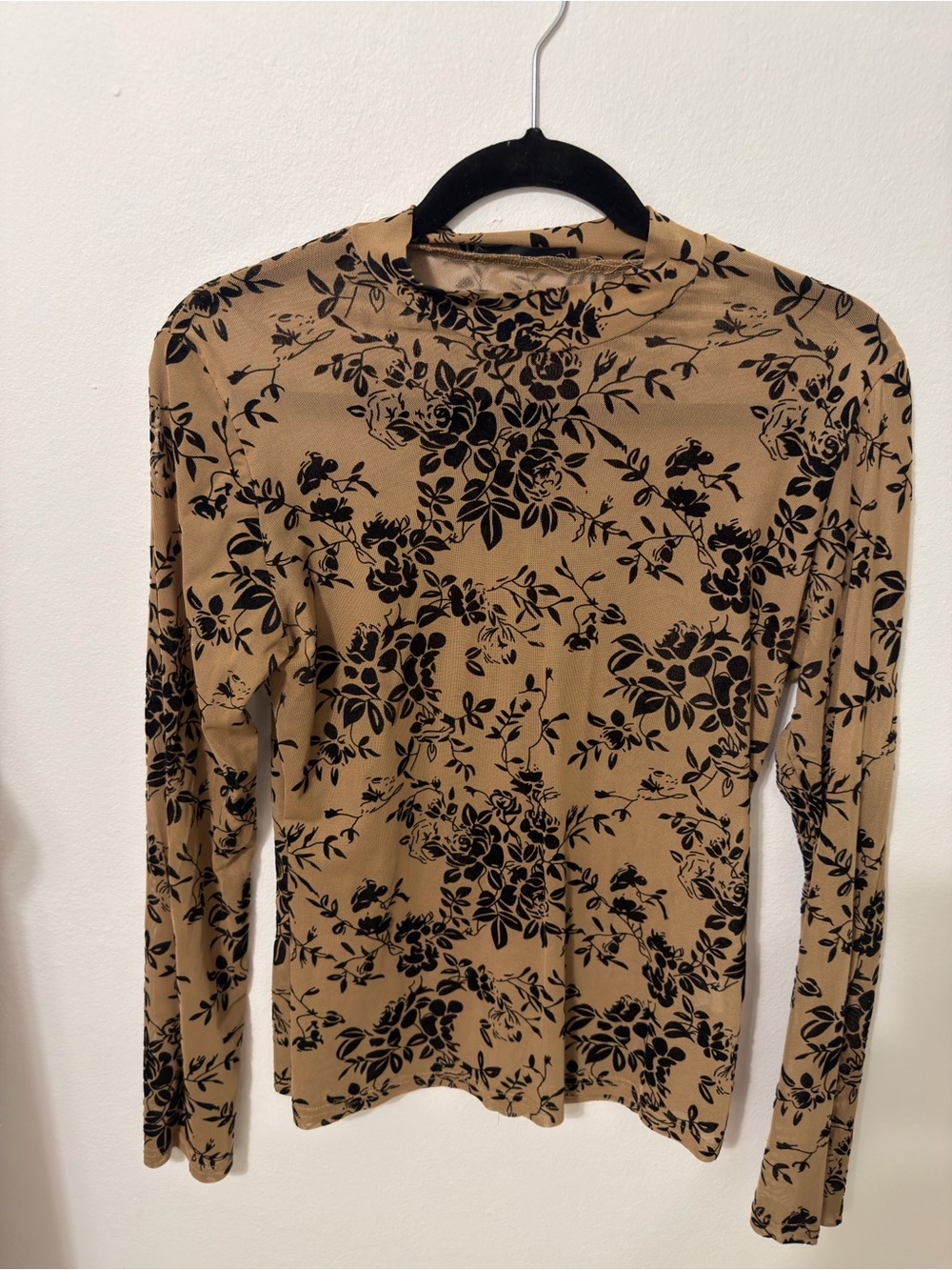 SHEIN Beige Mock Neck Floral Long Sleeve Top